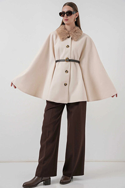 hazelin Women's Cream Collar Fur Buttoned Belted Cashmere Poncho Hzl25W-Bd191651