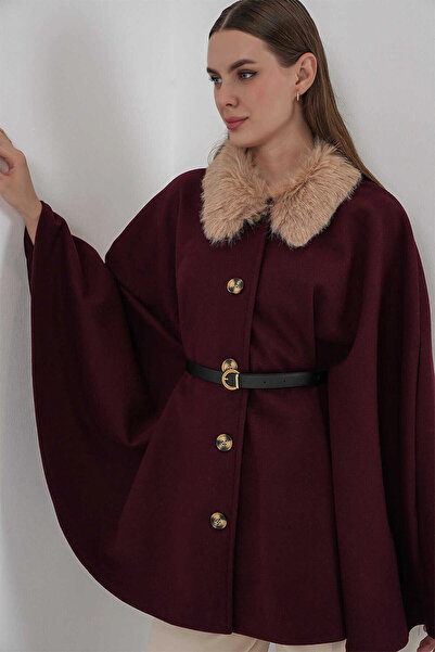 hazelin Women's Plum Collar Fur Buttoned Belted Cashmere Poncho Hzl25W-Bd191651