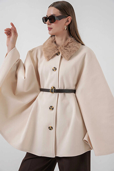 hazelin Women's Cream Collar Fur Buttoned Belted Cashmere Poncho Hzl25W-Bd191651