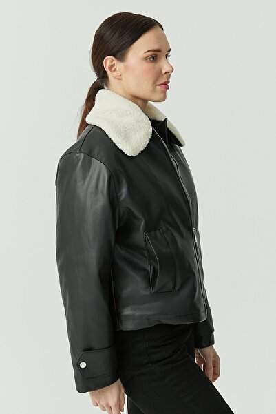 PAULMARK Palton din piele pentru femei cu detaliu la guler