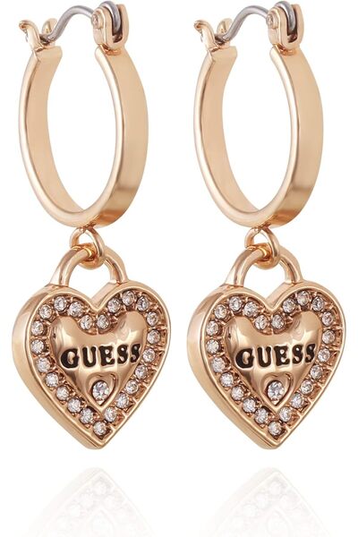 erorex GUESS Goldtone Logo Heart Dangle Charm Hoop Earrings, ONE SIZE, Non-Precious Metal, No Gemstone