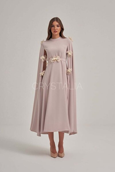 CRYSTALİA İnci ve Taş İşlemeli Çiçek Detaylı Krep Elbise