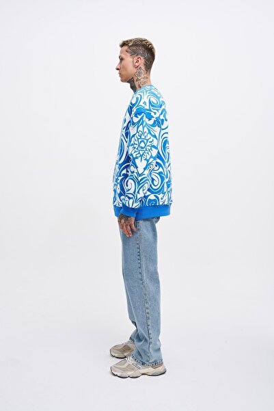 Machinist Men's Skull Printed Oversized Sweatshirt Cobalt Blue