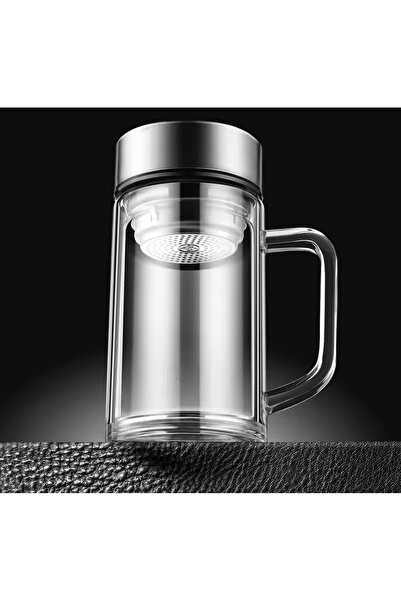 cc bin shihon Double Glass Coffee Mug with Silver Lid / Insulating Cup for Hot and Cold Drinks with Filter, 380ml