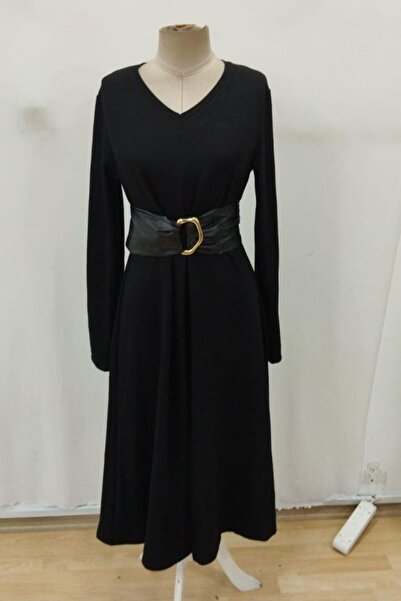 Mossta Long Sleeve V-Neck Belted Midi Viscose Two Thread Dress - Black