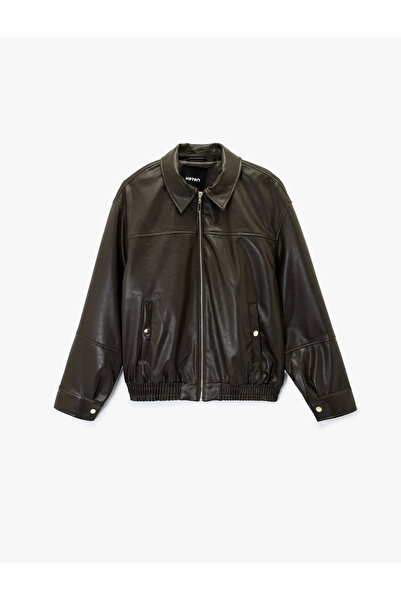 Koton Zippered Long Sleeve Faux Leather Jacket with Pockets