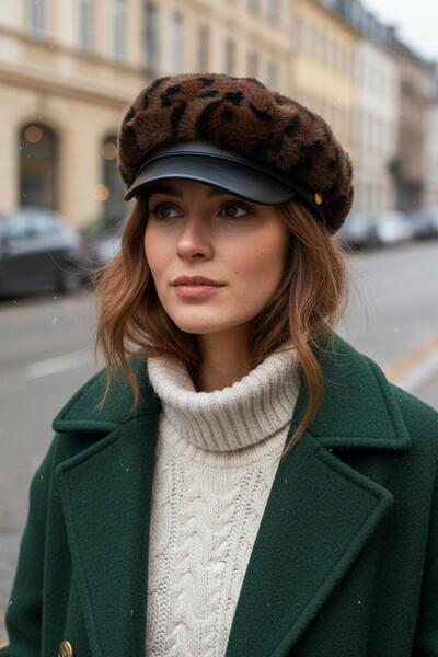 Külah Women's Premium Leather Trimmed Fur Cap Hat - Leopard Pattern