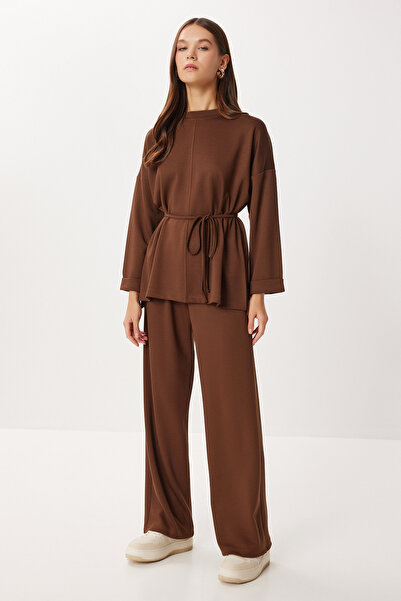 Lovelyİstanbul Lace-Up Detailed Top and Bottom Modal Set Lby0026 Brown