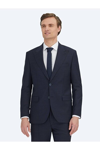Kip Navy Blue Striped Modern Fit Wool Blend Suit