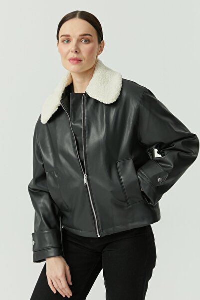 PAULMARK Palton din piele pentru femei cu detaliu la guler