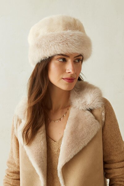 Külah Pălărie rotundă din blană artificială - Pălărie bej de iarnă în stil boho