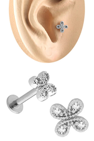 Cadının Dükkanı Dört Yapraklı Yonca Figürlü Zirkon 316L Çelik Tragus Helix Kı...