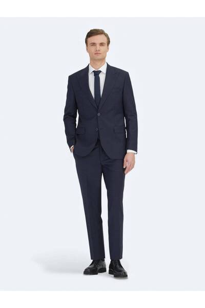 Kip Navy Blue Striped Modern Fit Wool Blend Suit