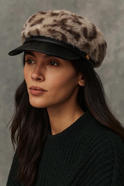 Külah Women's Premium Leather Trimmed Fur Cap Hat - Leopard Pattern