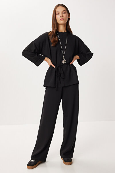 Lovelyİstanbul Lace-Up Detailed Top and Bottom Modal Set Lby0026 Black