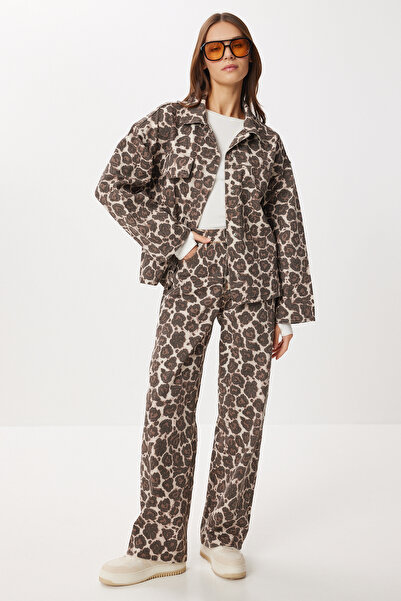 Lovelyİstanbul Leopard Patterned Denim Jacket Pants Set Lri0028 Brown Cream