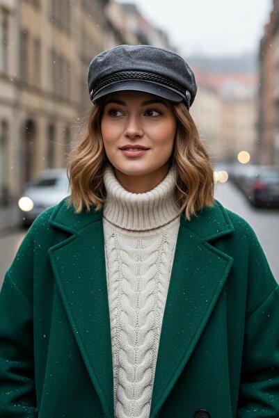 Külah Women's Premium Leather Brimmed Gray Cap Hat