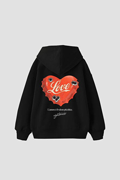 Bak Moda 816 Love مطبوع قصة فضفاضة هوديي أسود للجنسين