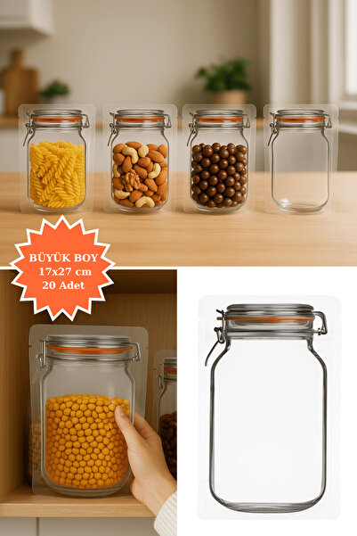 Plas+Plus Elit Kavanoz Tasarım Kilitli Şeffaf Doypack Kahve Kuruyemiş Bakliyat Saklama Torbası 17x27 cm 20Li