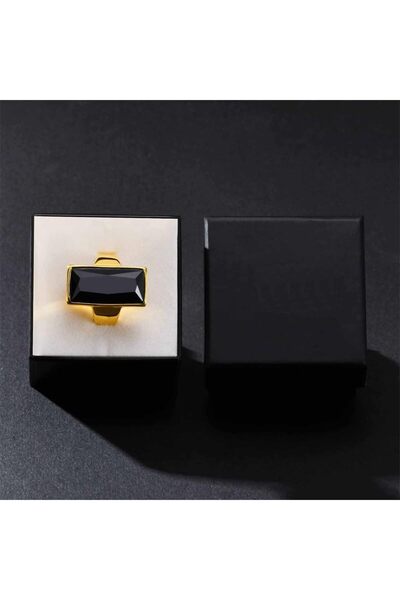 erorex Azonee Vintage Fashion Gold Plated Ring, Stainless Steel Rectangular Black Glass Crystal Ring,...