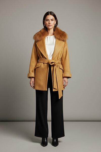 SERPİL Kürk Yakalı Kuşaklı Kısa Kaban 37378