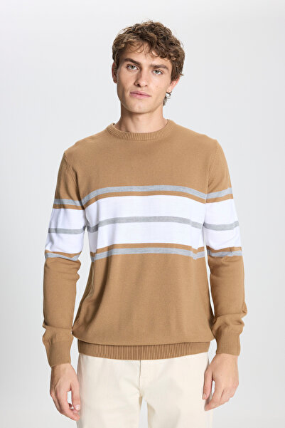 ALTINYILDIZ CLASSICS Light Brown-Cream Standard Fit Regular Cut Crew Neck Striped Knitwear Sweater