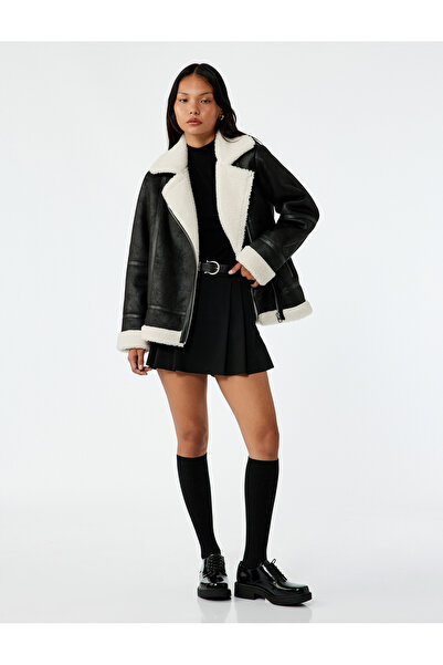 Koton Jachetă de motociclist aspect de piele cu buzunare și fermoar din blană artificială