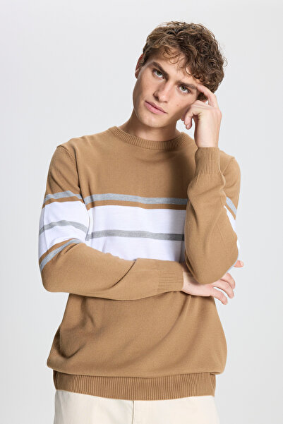 ALTINYILDIZ CLASSICS Light Brown-Cream Standard Fit Regular Cut Crew Neck Striped Knitwear Sweater