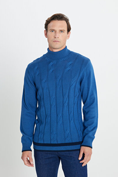 AC&Co / Altınyıldız Classics Pulover din tricot jacquard cu gât complet, croială normală, standard fit, albastru Havacı