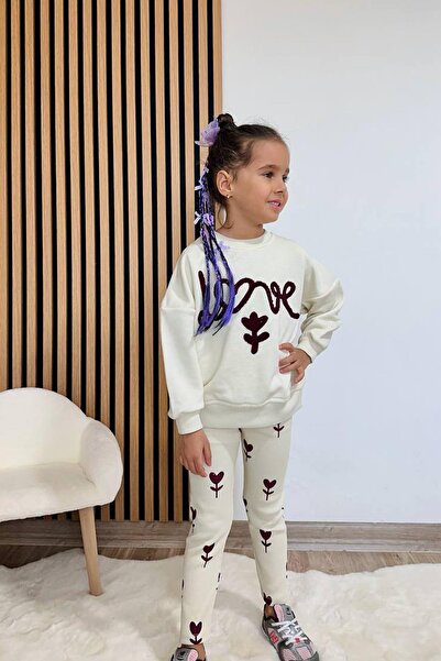 Monila Girl's Embroidery Detailed 3 Thread Cotton Fabric Top and Bottom Set