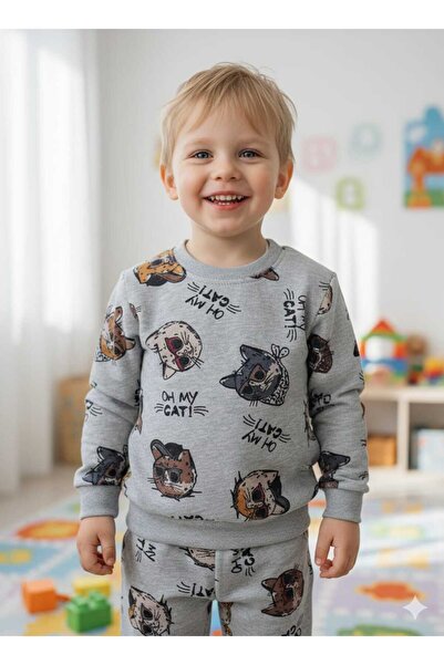 TUGSE Cat Patterned Gray Children's Pajama Set 100% Cotton