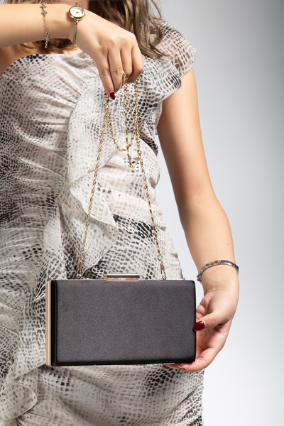 LİLLA Women's Black Satin Gold Buckle Shoes Combination Evening Dress Bag