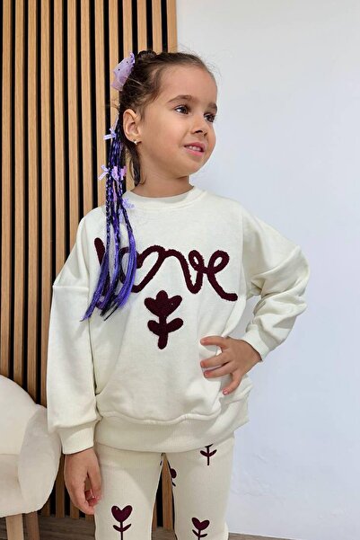 Monila Girl's Embroidery Detailed 3 Thread Cotton Fabric Top and Bottom Set