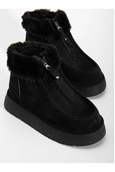 QUEEN Siyah Süet Fermuarlı Yaka Kürklü Kadın Bot MONİ