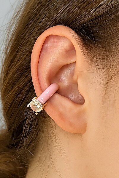 TAKIŞTIR Altın Ve Pembe Renk Taş Detaylı 14K Altın Kaplama TX Ear Cuff (Tek)