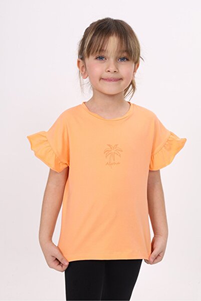 Toontoy Tricou cu volane la mâneci și decolteu rotund, imprimat, pentru fete