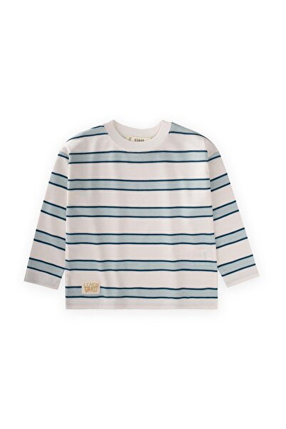 Cigit Striped Transitional T-Shirt 1-10 Years Mint Navy Blue Striped