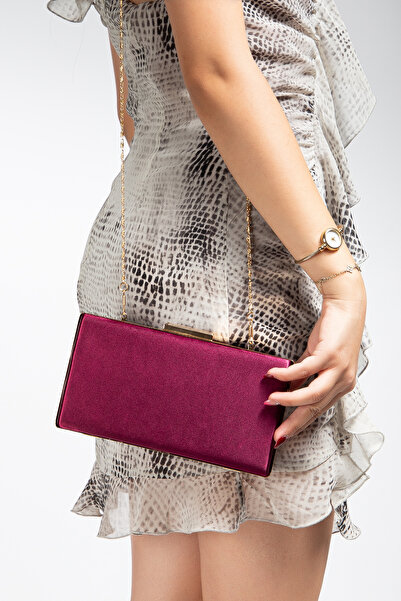 LİLLA Women's Burgundy Satin Gold Buckle Shoes Combination Evening Dress Bag