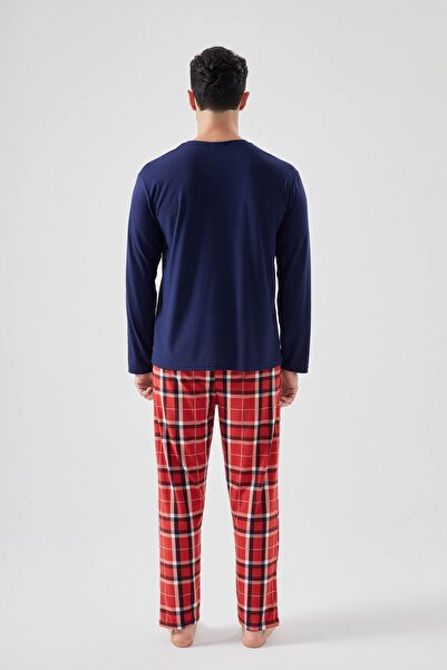 koza iç giyim Men's Soft Textured Teddy Bear Printed Plaid Pattern Pajama Set