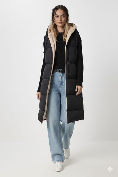 Hb Harma Time Butik Women's Double-Sided Hooded Pocket Cream-Black Vest