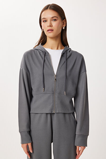 Lovelyİstanbul Hooded Zippered Knitted Top and Bottom Set Lci0049 Smoked