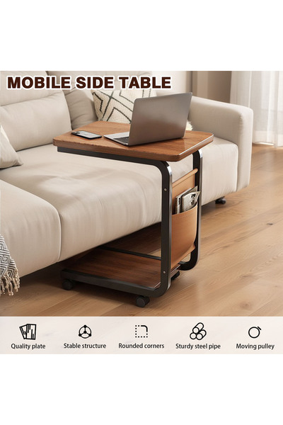 CHOIWIN 【Wood Grain C-Shaped Mobile Side Table with Wheels】3-Layer Storage Rolling End Table with Side Pocke