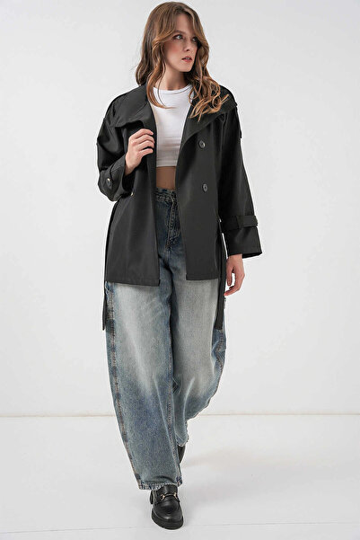 hazelin Women's Black Mock Neck Belted Lined Short Trench Coat Hzl25W-Bd159801