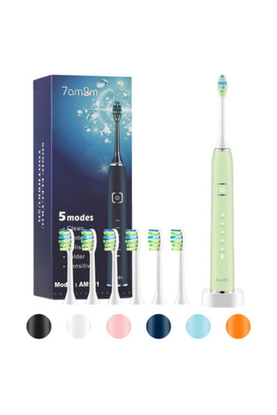 7am2m فرشاة أسنان كهربائية سونيك، 6 رؤوس فرشاة (أخضر) - للأطفال، شحن لمدة 90 يومًا، 5 أوضاع، مؤقت لمدة دقيقتين