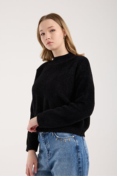 Moda Days Women's Black Beard Yarn Half Turtleneck Knitwear Sweater