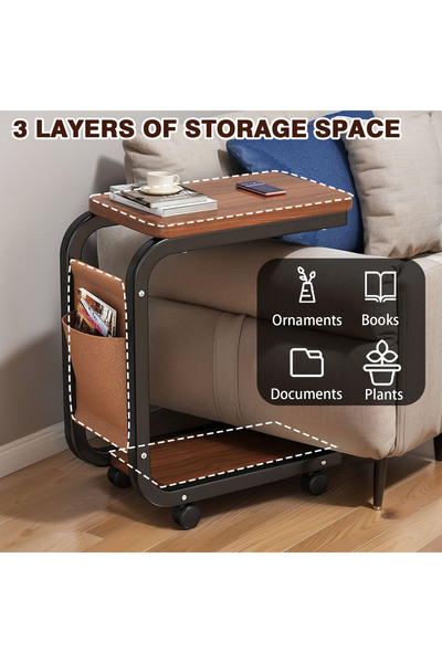 CHOIWIN 【Wood Grain C-Shaped Mobile Side Table with Wheels】3-Layer Storage Rolling End Table with Side Pocke
