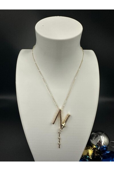 staınless steel Altın Rengi N Harfi Yıldız ve Taş Detaylı Çelik Kolye