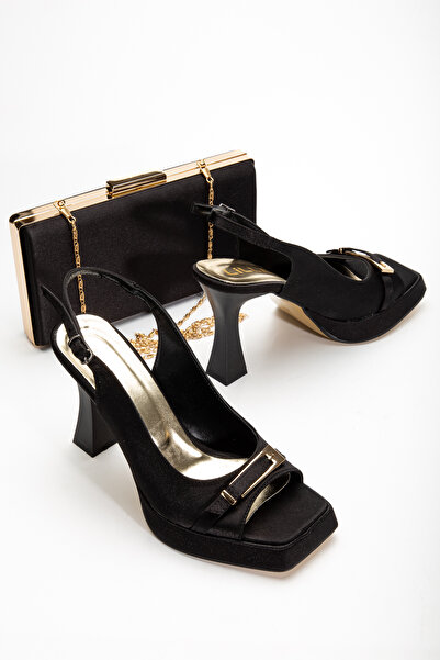 LİLLA Women's High Heeled Pointed Toe Gold Buckle Black Satin Evening Dress Shoes