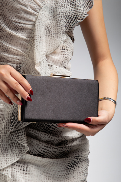 LİLLA Women's Black Satin Gold Buckle Shoes Combination Evening Dress Bag