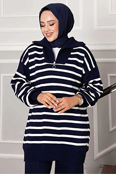 STF MODA Women's Navy Blue Trucker Collar Striped Knitwear Set